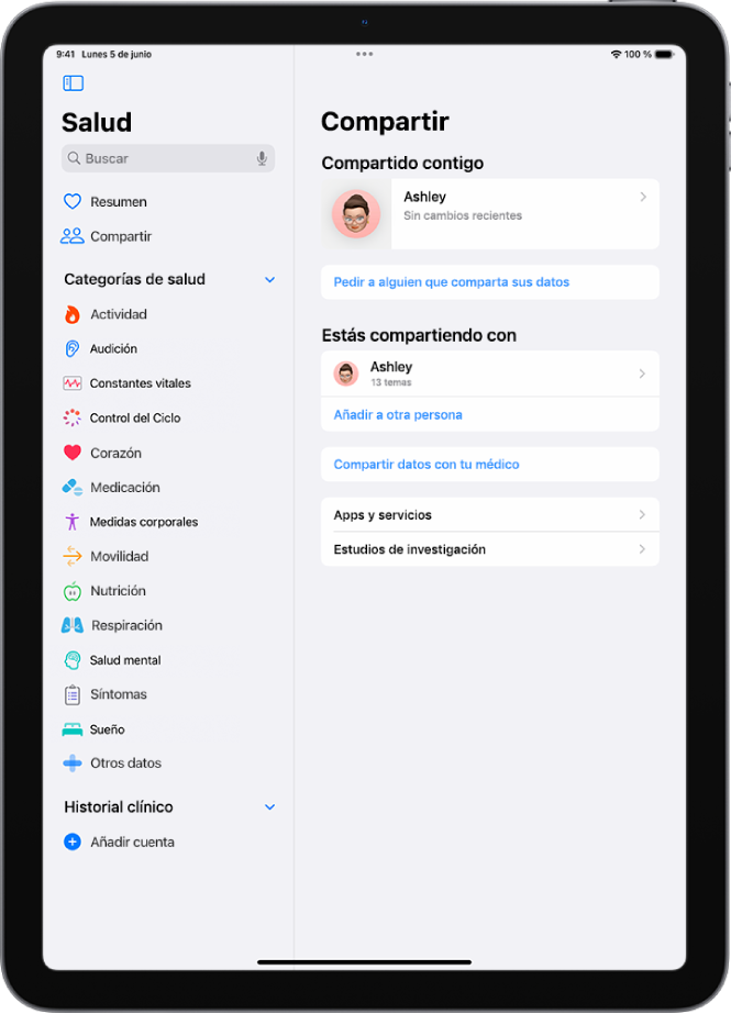 La pantalla Compartir muestra una persona que comparte datos contigo y una persona con la que compartes.