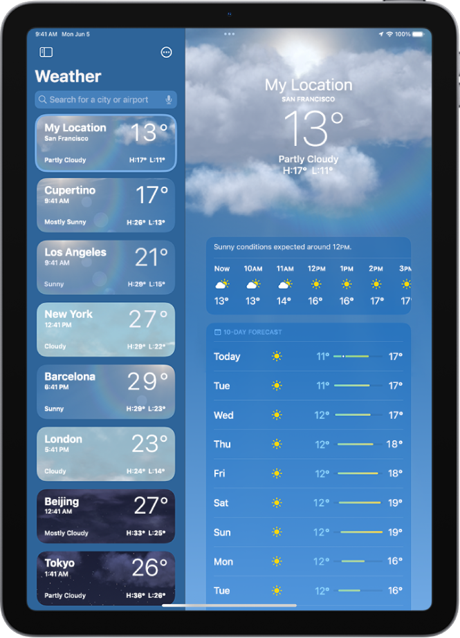 Rakenduses Weather on ekraani vasakul küljel küljeriba. Küljeribal kuvatakse linnade loendis hetketemperatuuri, ilmaennustust ning kõrgeimaid ja madalamaid temperatuure. Loendi ülaosas on valitud My Location ning ekraani paremal küljel on selle asukoha ilmaennustus ja -tingimused.