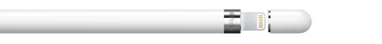 Apple Pencil (1. põlvkond), mille kork on eemaldatud ning näidatakse pistikut, mis läheb iPadi Lightning-liidesesse.