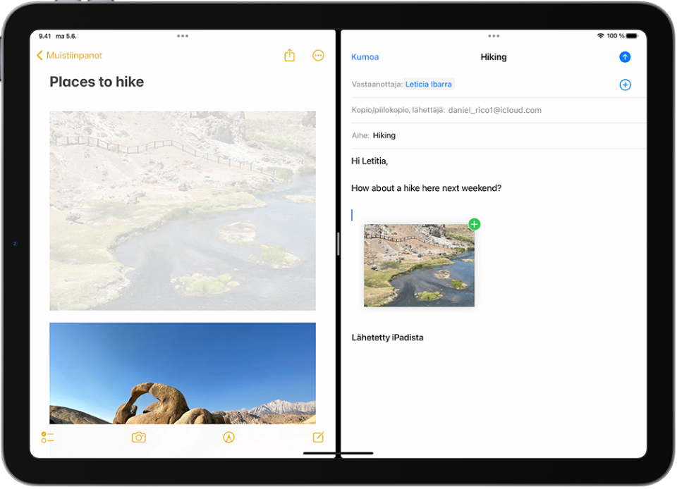 Split View, jossa Muistiinpanot on avoinna vasemmalla ja sähköposti avoinna oikealla. Kuva vedetään Muistiinpanoista sähköpostiin.