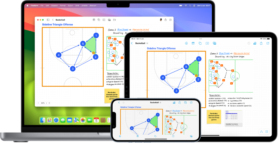 Mac, iPad, dan iPhone dengan app Freeform terbuka.