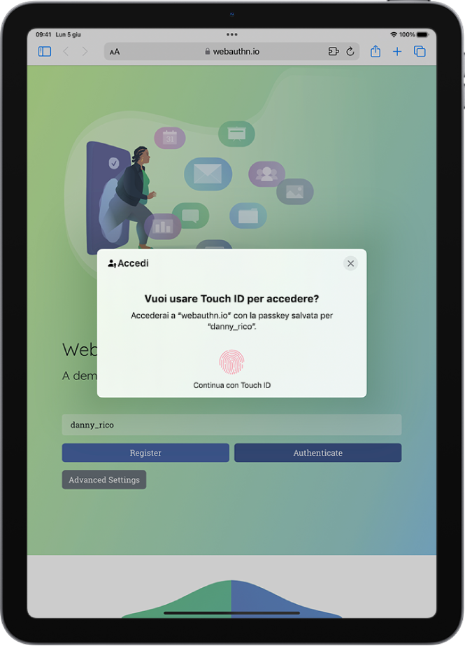 Una schermata di accesso a un account che utilizza Touch ID, come parte della passkey.