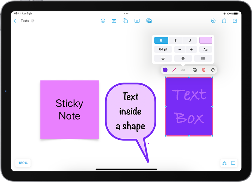 Su una lavagna Freeform è selezionata una casella di testo e gli strumenti di formattazione del testo sono visualizzati sopra di essa.