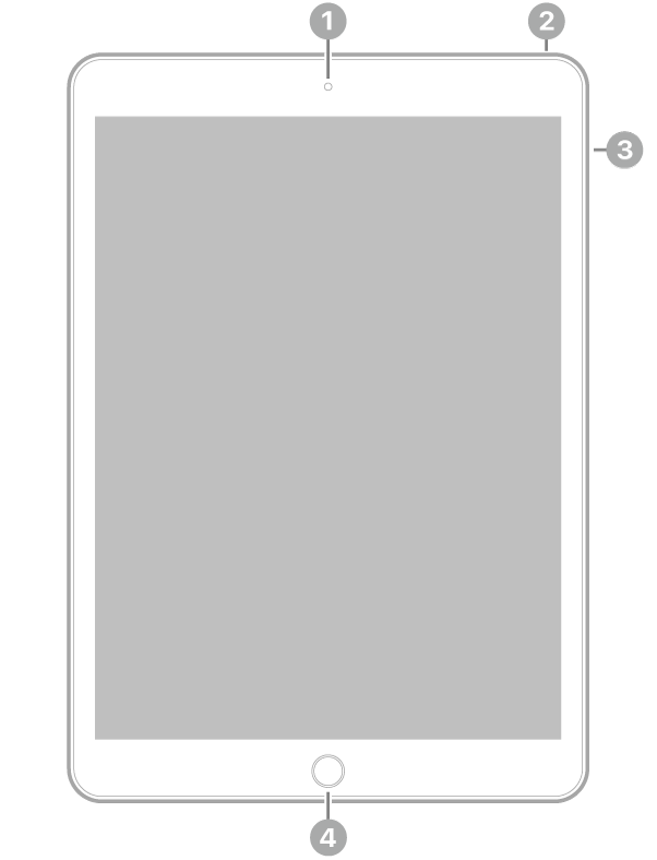 iPadの前面。上部中央の前面カメラ、上部右側のトップボタン、右側の音量ボタン、下部中央のホームボタン/Touch IDが示されています。