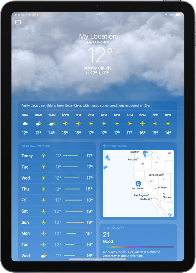 Programos „Weather“ ekranas iš viršaus į apačią: vieta, dabartinė temperatūra, aukščiausia ir žemiausia dienos temperatūra, valandinė prognozė ir 10 dienų prognozė kairėje ekrano pusėje, o kritulių žemėlapis ir oro kokybės skalė dešinėje ekrano pusėje.