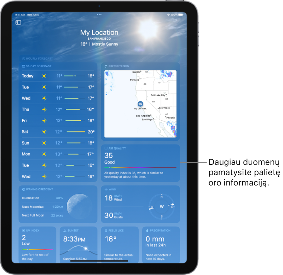 Ekrane „Weather“ viršuje rodoma vieta ir dabartinė temperatūra bei oro sąlygos. Likusioje ekrano dalyje yra informacija apie orą, pvz., dešimties dienų prognozė, kritulių žemėlapis, mėnulio padėtis, vėjo kryptis ir greitis, ultravioletinių spindulių indeksas, saulėlydžio laikas, juntamoji temperatūra ir kritulių prognozė.