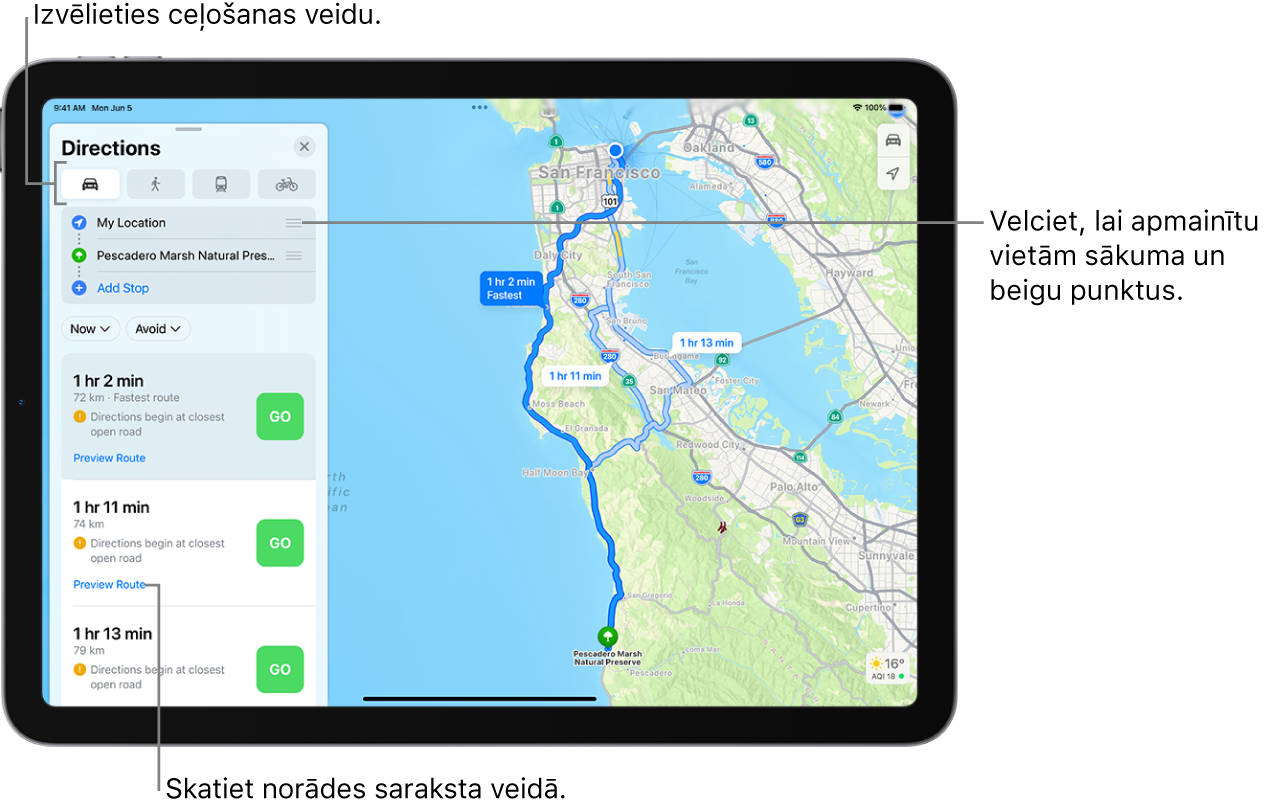 Karte, kurā parādīti vairāki braukšanas maršruti starp divām vietām ar opcijām, lai izvēlētos citus transporta veidus, mainītu sākuma punktu un galamērķi un skatītu norādes sarakstā.