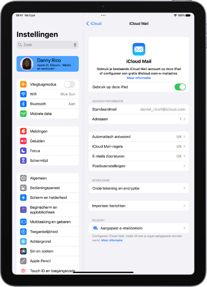 De Instellingen-app met het scherm van iCloud Mail. Onder in het menu staat 'Aangepast e‑maildomein'.