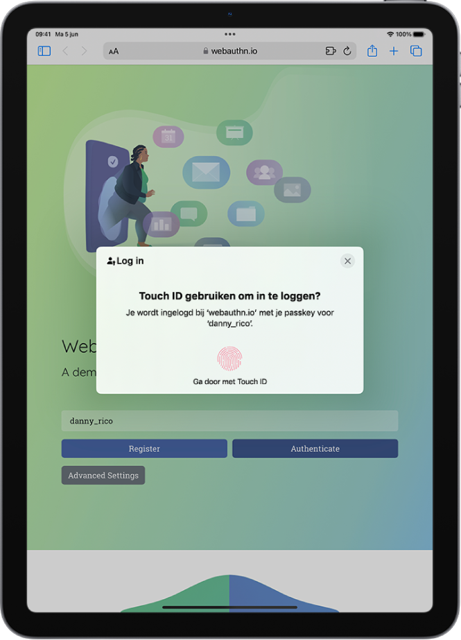 Een inlogscherm voor een account waarbij Touch ID als onderdeel van een passkey wordt gebruikt.