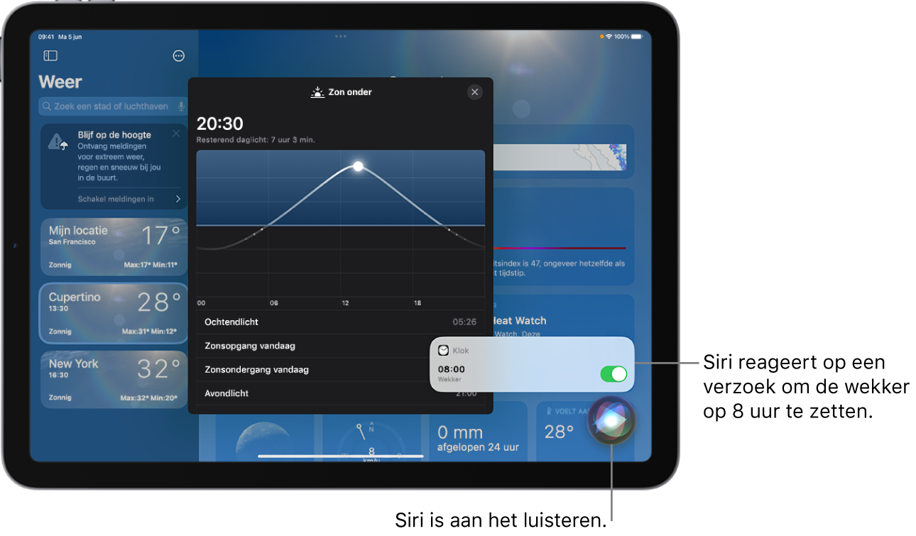 Siri in het scherm van de Weer-app. Rechtsonder in het scherm geeft een melding van de Klok-app aan dat een wekker voor 8 uur 's ochtends is ingeschakeld. Een symbool daaronder geeft aan dat Siri luistert.