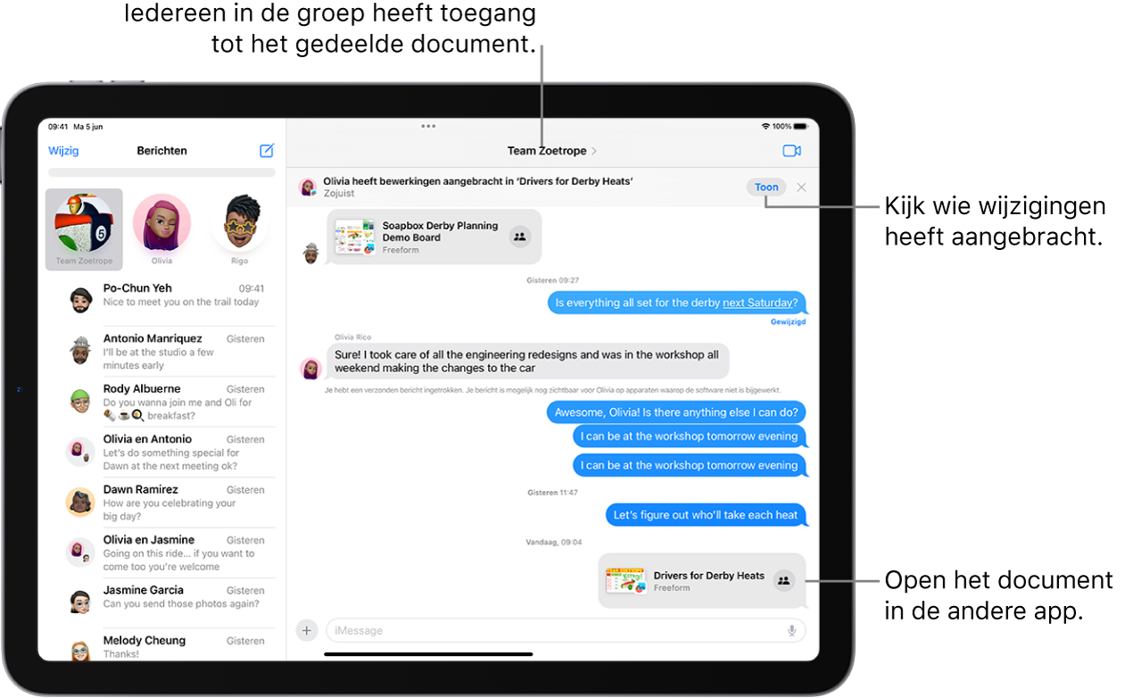 Een groepsgesprek in Berichten, met een uitnodiging om samen te werken en updates bovenaan het gespreksvenster.