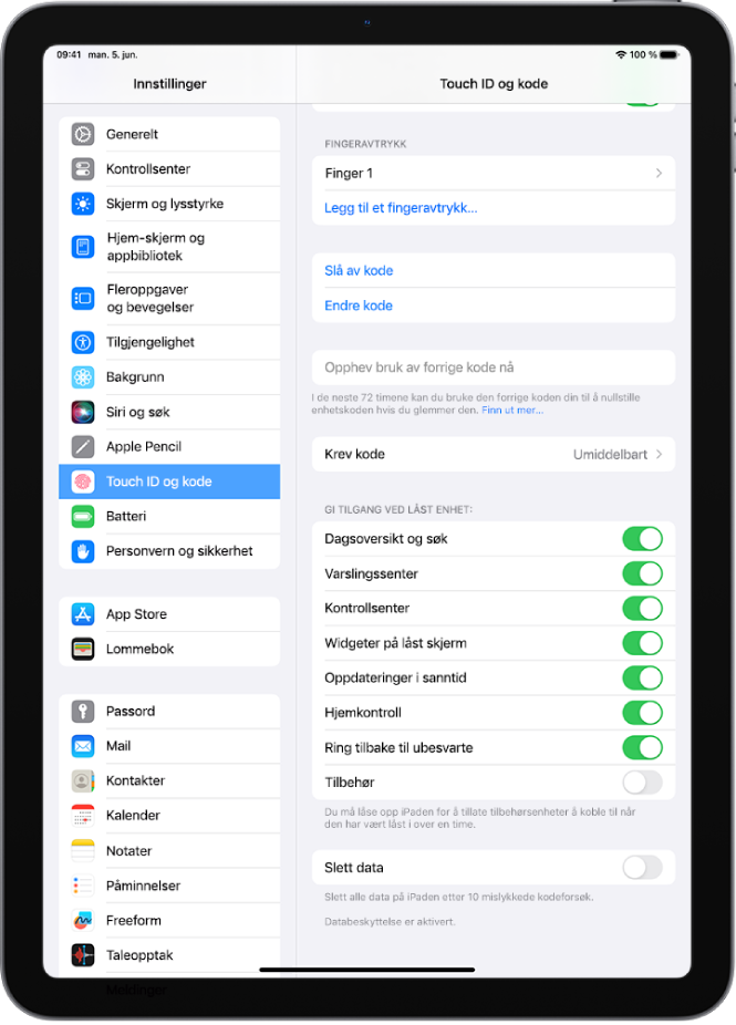 Touch ID og kode-innstillingene, med valg for å gi tilgang til bestemte funksjoner når iPad er låst.
