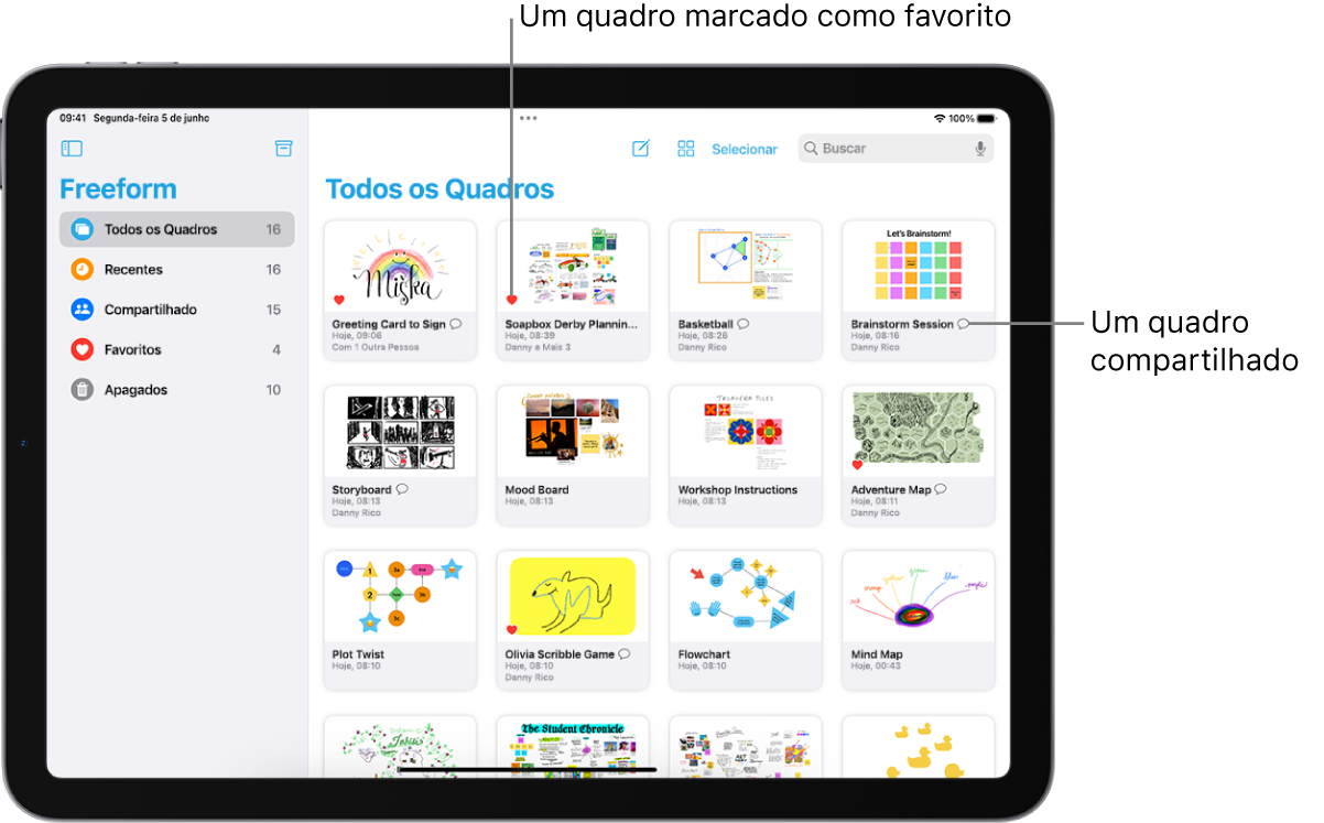 O Freeform está aberto no iPad. A opção Todos os Quadros está selecionada na barra lateral e miniaturas de quadros aparecem à direita.