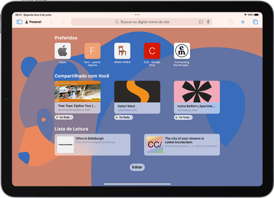 A página de entrada no Safari, que mostra os sites preferidos, os sites compartilhados com você e os sites salvos na Lista de Leitura. Na parte inferior da tela está o botão Editar.