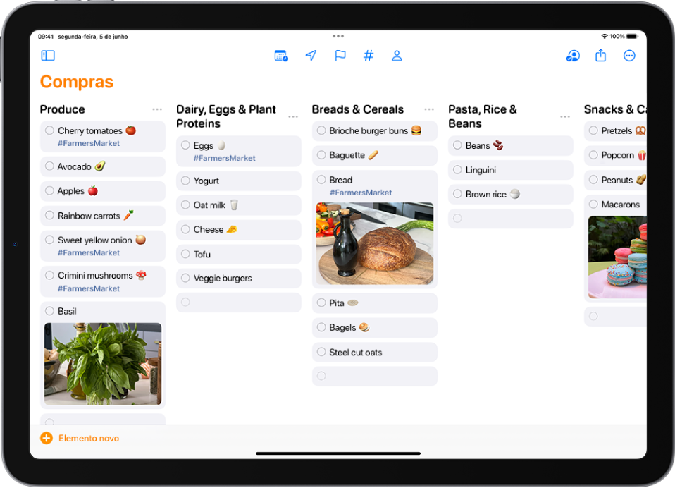 Uma lista de compras na aplicação Lembretes, com as categorias organizadas em colunas. O botão “Novo elemento” está no canto inferior esquerdo.