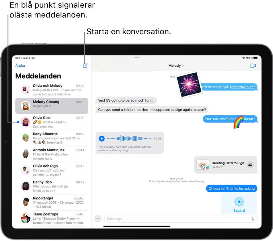 Konversationslistan finns till vänster och en konversation till höger. Påbörja ett nytt meddelande genom att trycka på knappen för nytt meddelande överst på skärmen. En blå punkt till vänster om ett meddelande visar att det är oläst.