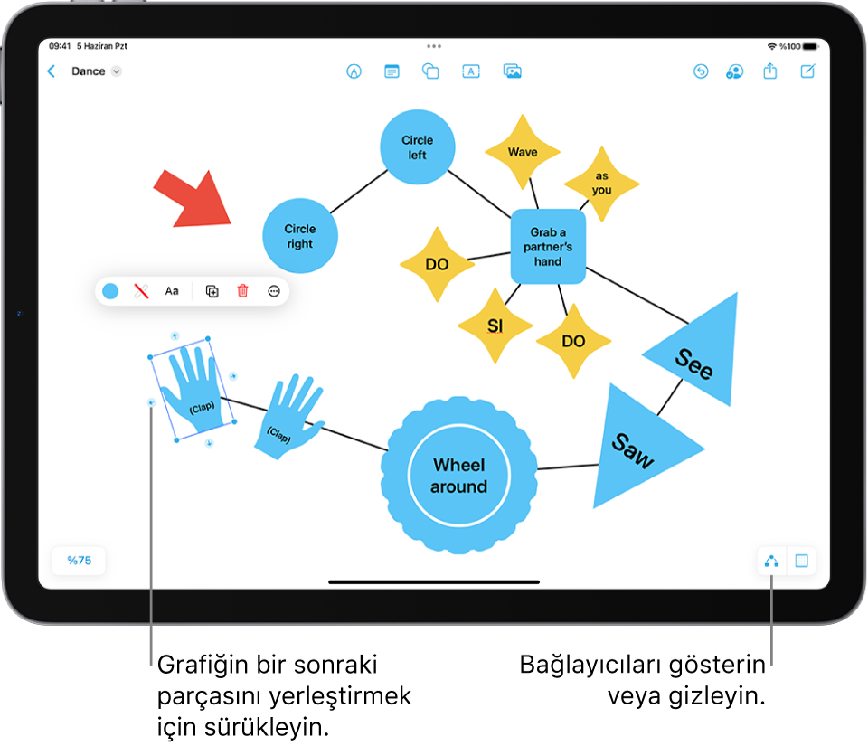 Freeform panosunda seçili şekilde gösterilen bağlayıcılar içeren bir diyagram ve üstünde görülebilen şekil biçimleme araçları.