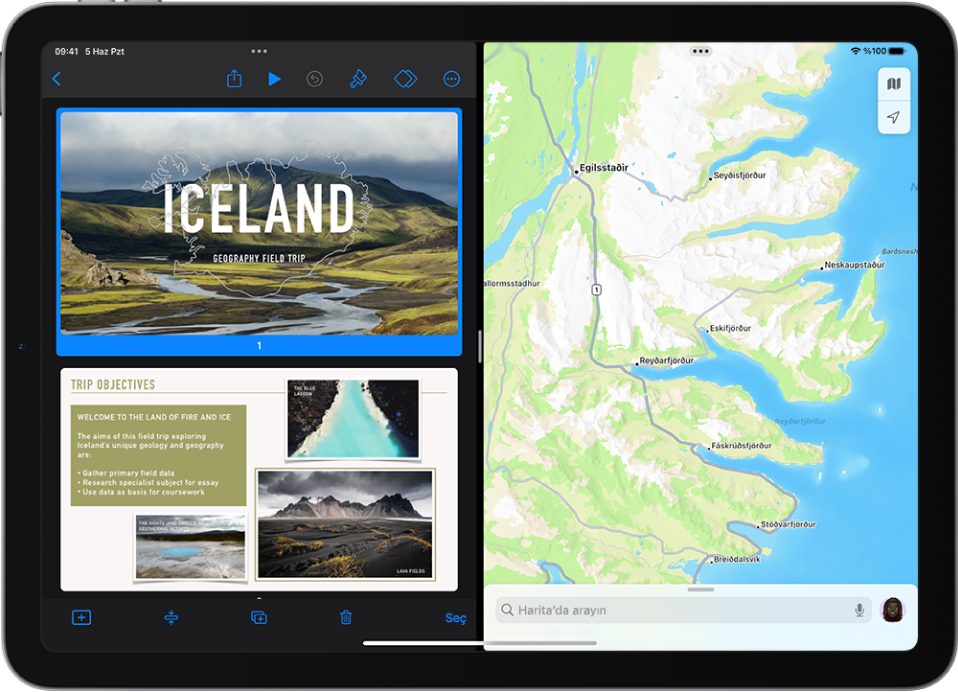 Ekranın sol tarafında Keynote uygulaması açık, sağ tarafta ise Harita uygulaması açık. Uygulamalar arasında, Split View’un büyüklüğünü değiştirmek için kullanılan, ayarlanabilir bir bölücü var.