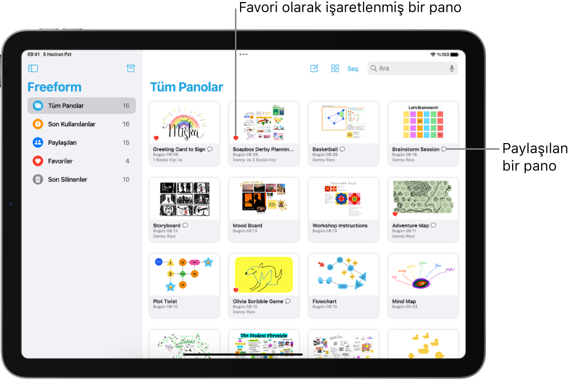 iPad’de Freeform açık. Kenar çubuğunda Tüm Panolar seçili ve sağ tarafta pano küçük resimleri görünüyor.