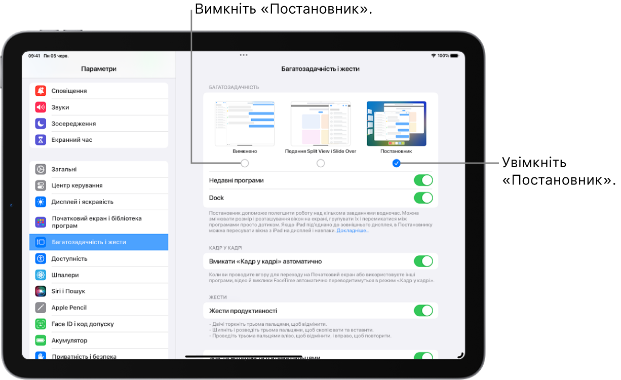 Екран iPad з елементами керування для ввімкнення або вимкнення Постановника, приховання або відображення списку недавніх програм в разі ввімкнення Постановника і приховання або відображення Dock у разі ввімкнення Постановника.