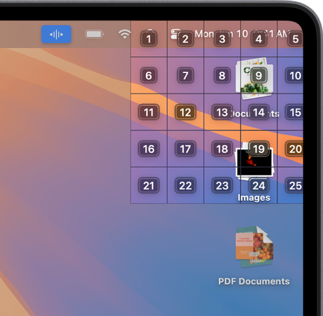 A grid is shown in the top-right corner of the screen, where two desktop stacks are located. The grid has five columns and five rows, and each cell is numbered 1 to 25.