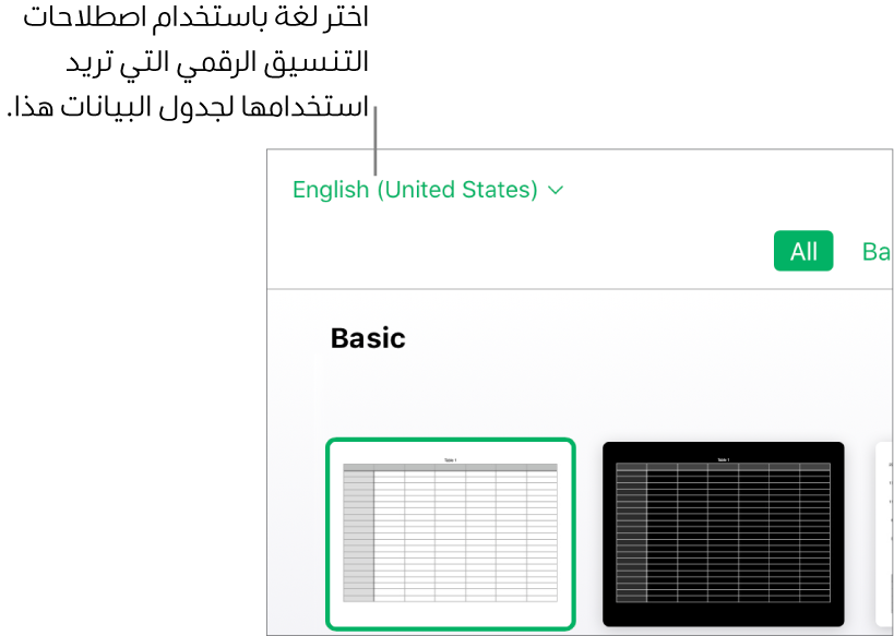 القائمة المنبثقة الموجودة في الزاوية العلوية اليمنى من منتقي القوالب مع تحديد الإنجليزية (الولايات المتحدة).