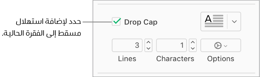 خانة اختيار الحرف الاستهلالي الكبير محددة، وتظهر قائمة منبثقة على يسارها؛ تظهر عناصر التحكم لإعداد ارتفاع السطر وعدد الأحرف والخيارات الأخرى أسفلها.