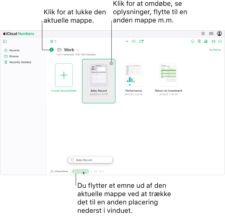 Regnearksadministrationen i oversigten til gennemsyn, hvor et regneark trækkes fra den aktuelle mappe til en ny placering (mappen Numbers) i bunden af vinduet. Under værktøjslinjen vises knappen Tilbage til venstre for det aktuelle mappenavn (Arbejde).