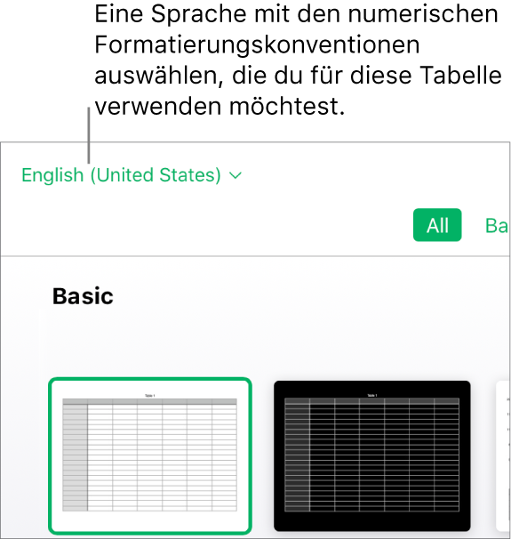 Das Einblendmenü oben links in der Vorlagenauswahl mit Englisch (USA) ausgewählt.