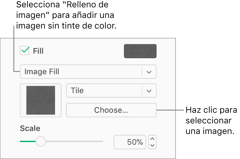 La casilla Relleno está seleccionada en la barra lateral, y “Relleno de imagen” aparece en el menú desplegable debajo de la casilla. Los controles para elegir una imagen, su escala y cómo rellena el objeto aparecen debajo del menú desplegable. Aparece una previsualización de la imagen en el cuadrado (después de que se seleccione una imagen).