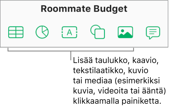 Nämä ovat työkalupalkin Taulukko-, Kaavio-, Teksti- Kuvio- ja Media-painikkeet.