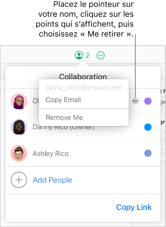 Le menu Collaboration est ouvert, avec un utilisateur cliquant sur le bouton Plus à droite du premier participant et une option Me retirer disponible.