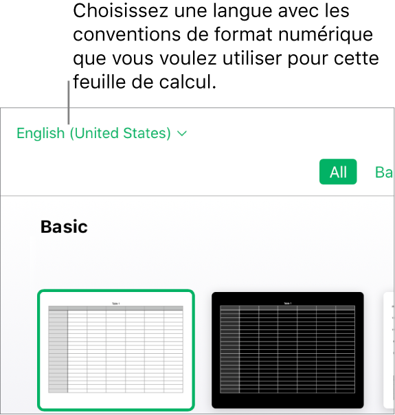 Menu local en haut à gauche de la liste de modèles dans lequel l’option Anglais (États-Unis) est sélectionnée.