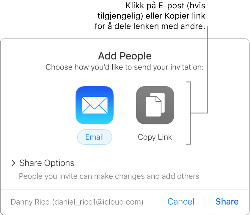 Vinduet som vises når du klikker på Samarbeid-knappen på verktøylinjen (før et regneark deles). Du kan bruke E-post- og Kopier lenke-knappene for å velge hvordan du vil dele regnearket.