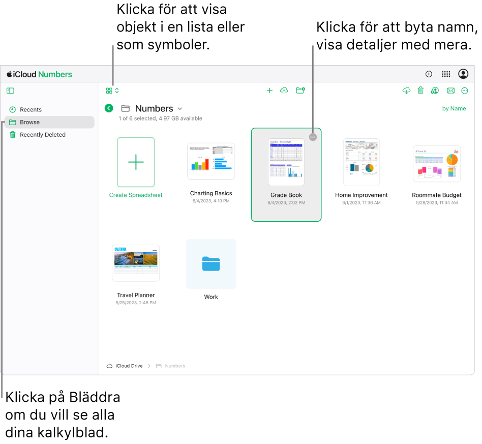 Kalkylbladshanteraren i bläddringsvyn, med Numbers-kalkylblad som symboler i ett rutnät. Knappen Mer (tre punkter) är synlig i det nedre högra hörnet av det valda kalkylbladet. På vänstra sidan av verktygsfältet ovanför kalkylbladen finns en popupmeny där du kan välja att visa objekt som symboler eller i en lista. Till höger på verktygsfältet finns knappar för att hämta, samarbeta, skicka mejl och radera.