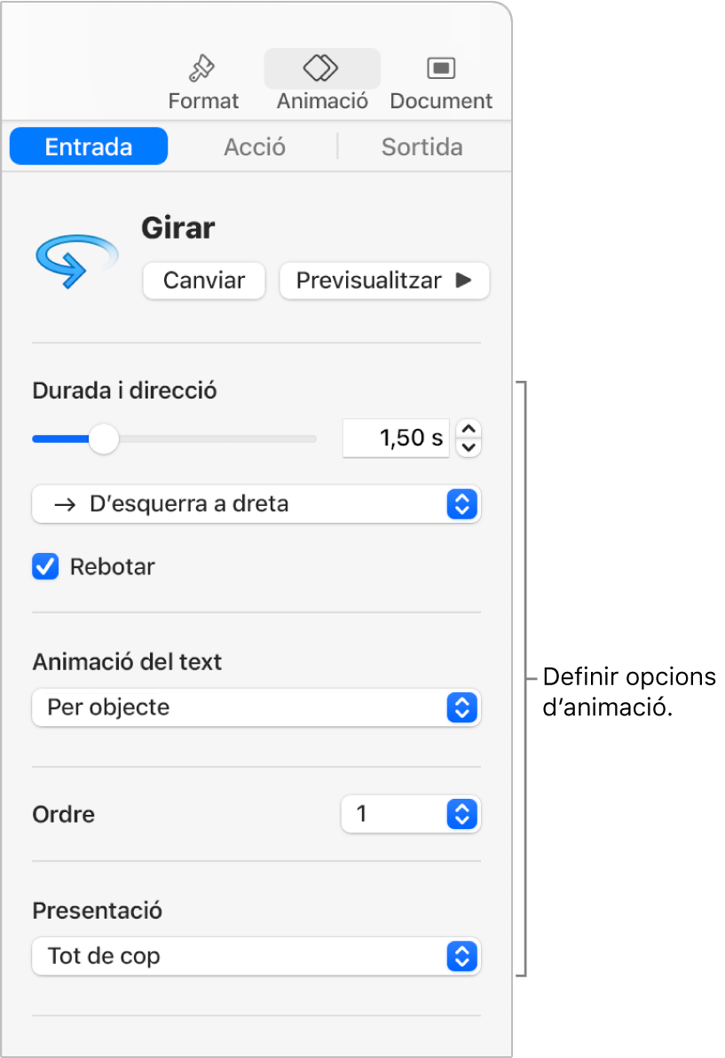 Les opcions Entrada de la secció Animació de la barra lateral.