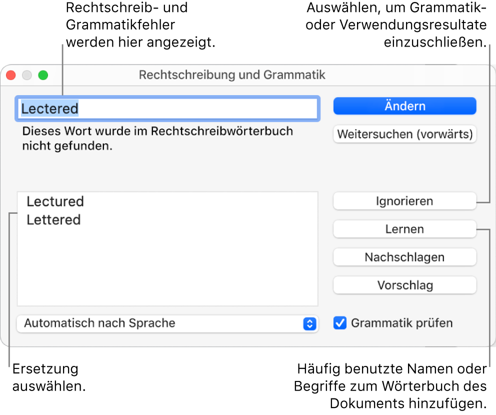 Das Fenster „Rechtschreibung und Grammatik“