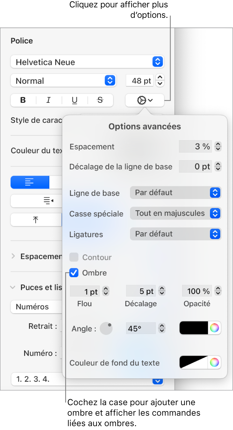 Les options avancées avec la case Ombre cochée et les commandes pour définir le flou, le décalage, l’opacité, l’angle et la couleur.