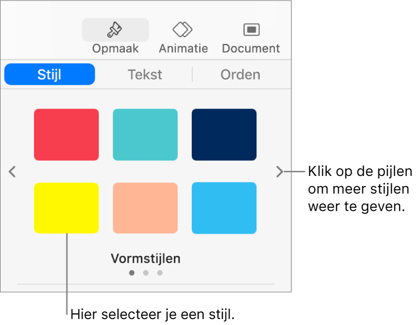 Het tabblad 'Stijl' in de navigatiekolom 'Opmaak' met zes objectstijlen en links en rechts daarvan navigatiepijlen.