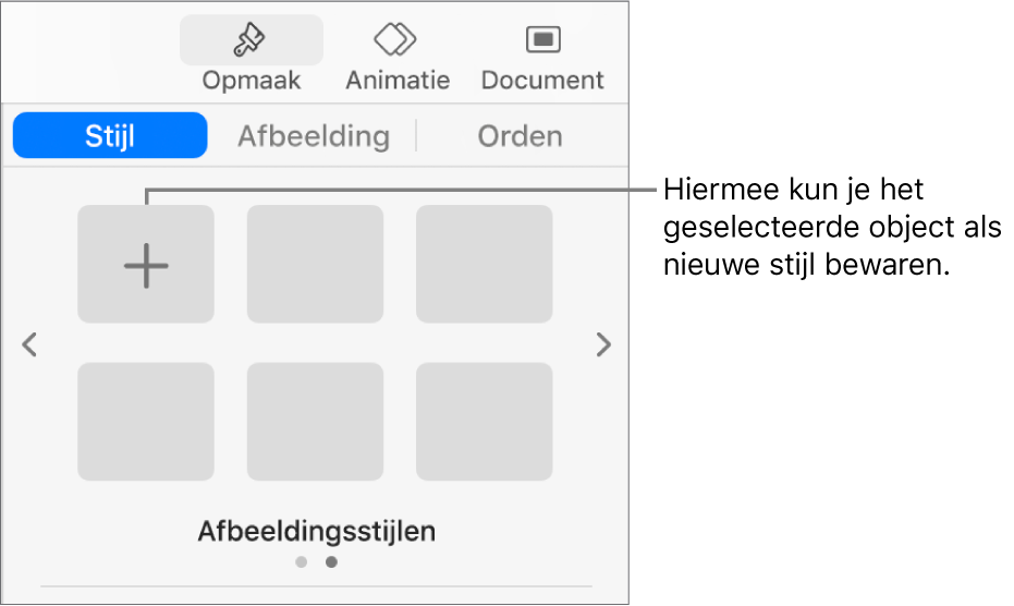 Het tabblad 'Stijl' in de navigatiekolom 'Opmaak' met één tekstvakstijl, rechts daarvan de knop 'Maak stijl aan' en vier lege plaatsaanduidingen voor stijlen.