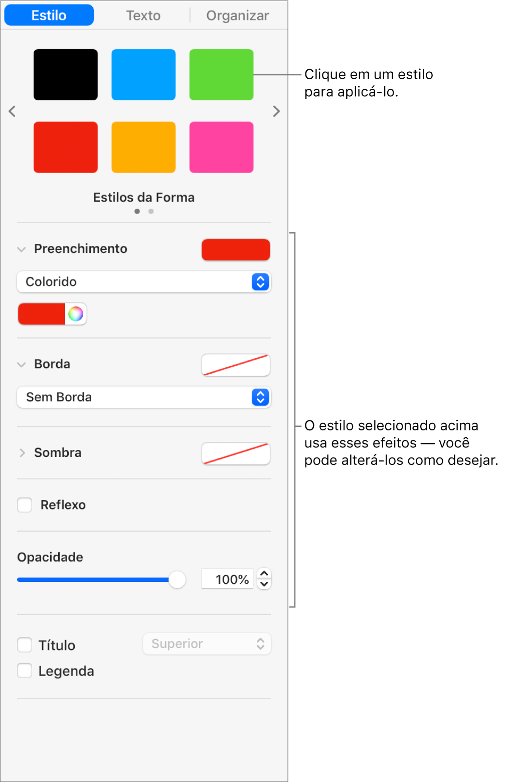 Estilos e opções de forma na seção Formatar da barra lateral.