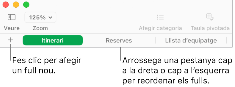 Barra de pestanyes per afegir un nou full de treball i reordenar els fulls.