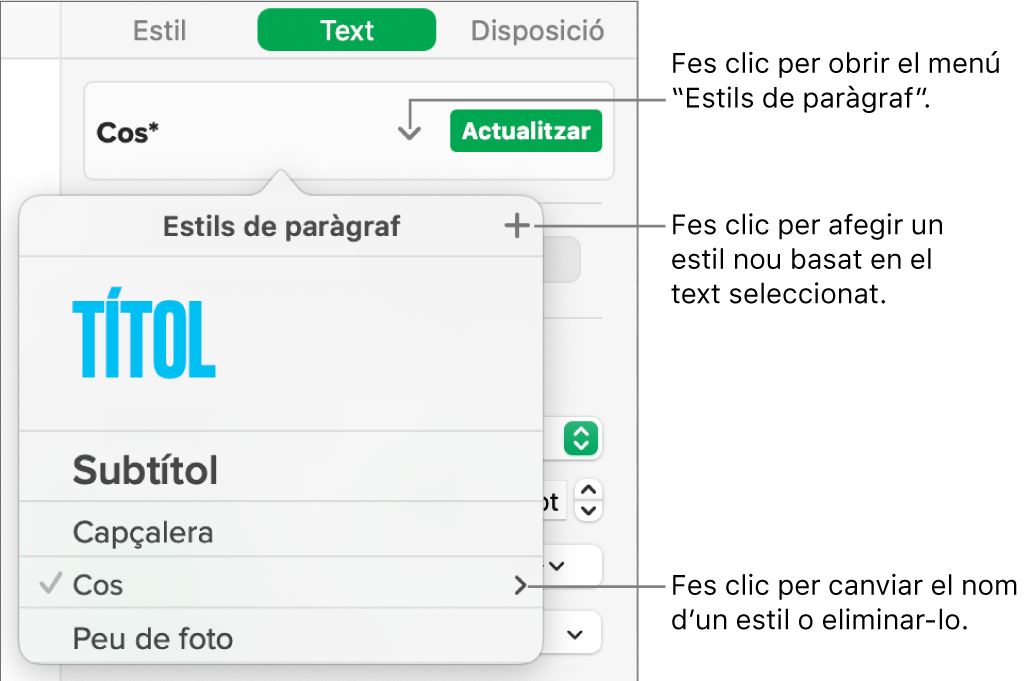 El menú “Estils de paràgraf” amb els controls per afegir o canviar un estil.