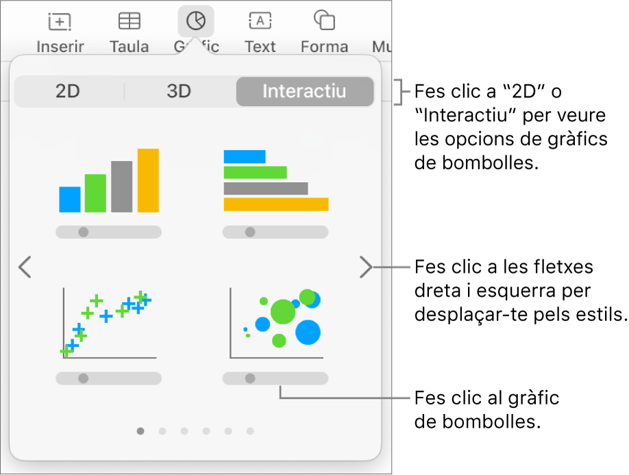 El menú Gràfic mostrant gràfics interactius, inclosa una opció de gràfic de bombolles.