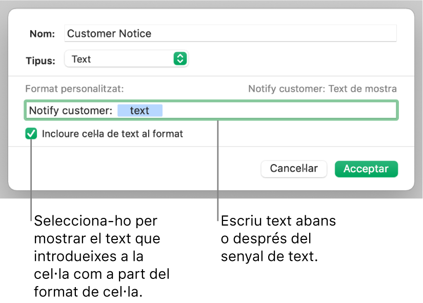 Format personalitzat de cel·la de text.