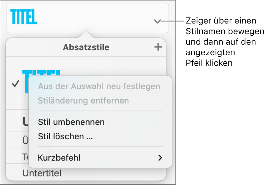 Das Menü „Absatzstile“ mit geöffnetem Kontextmenü