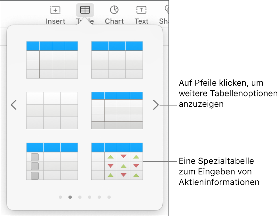 Das Tabellenmenü mit Miniaturen von Tabellenstilen und mit einem speziellen Stil zum Eingeben von Aktieninformationen unten rechts. Die unten befindlichen sechs Punkte weisen darauf hin, dass du durch Streichen weitere Stile einblenden kannst.