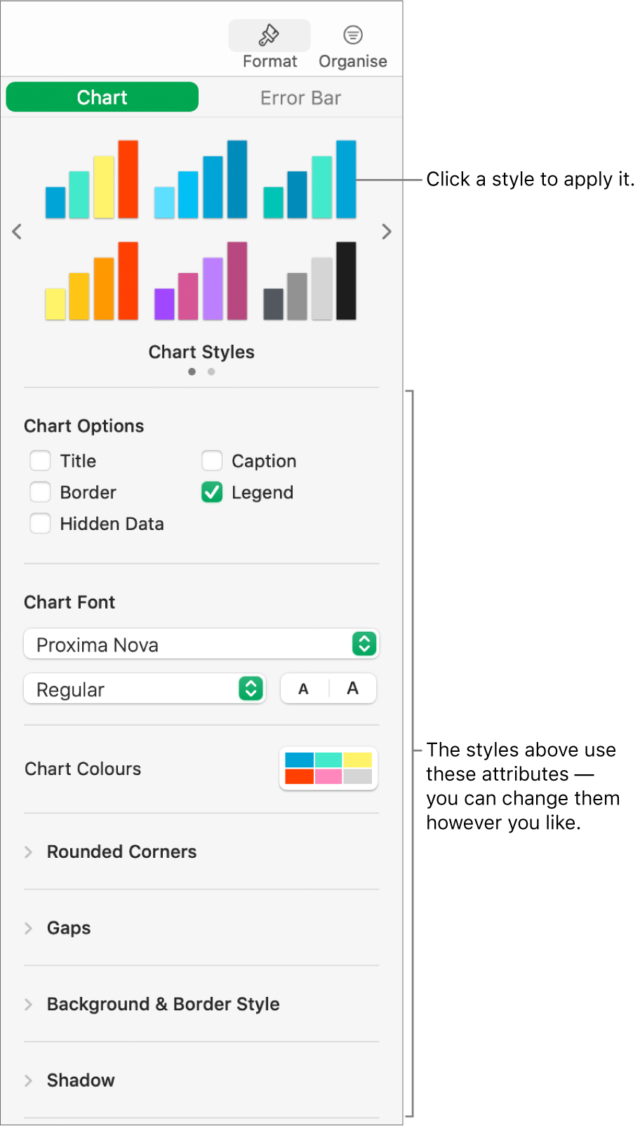 The Formatting sidebar showing the controls for formatting charts.