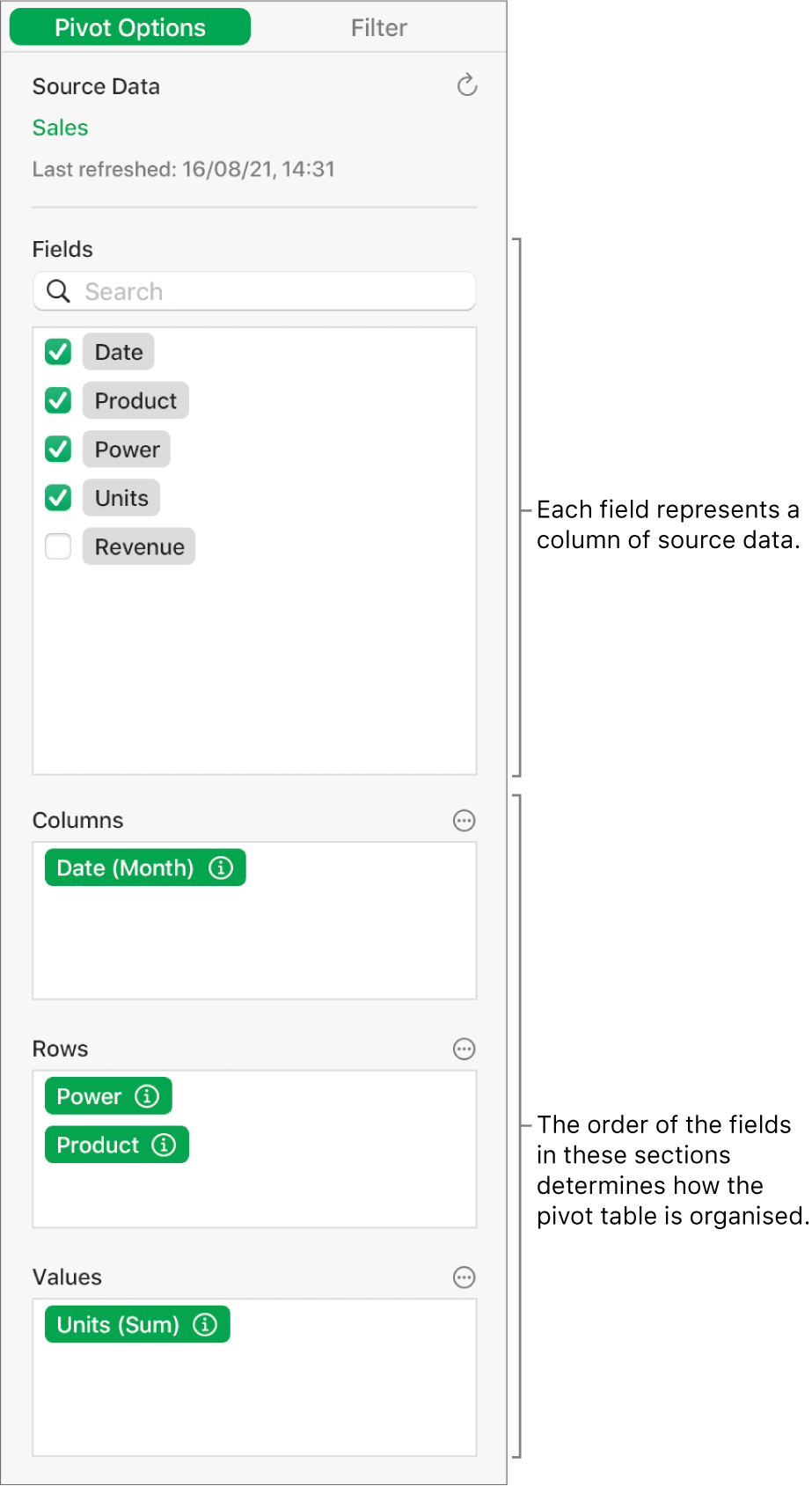 The Pivot Options menu showing fields in the Columns, Rows and Values sections, as well as controls to edit the fields and refresh the pivot table.