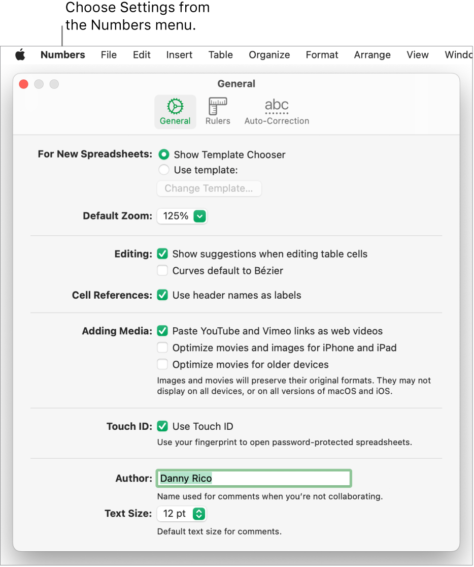 Numbers settings window open to the General pane, with settings for new spreadsheets, default zoom, editing, cell references, equations, adding media, Touch ID, author name, and default text size.